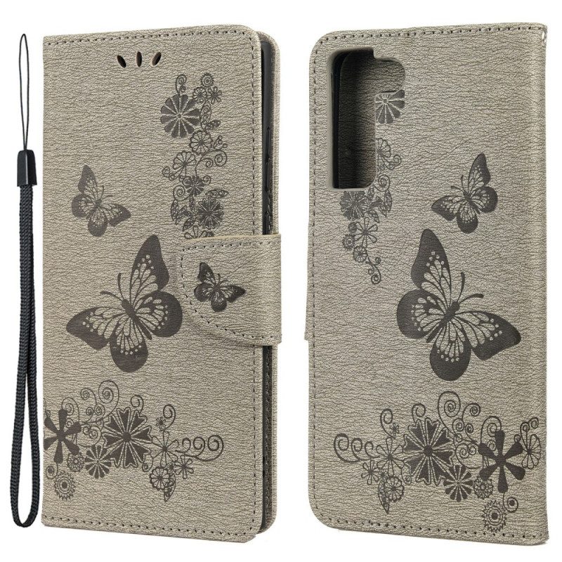 Custodia in pelle Samsung Galaxy S22 Plus 5G Splendide Farfalle Cinturino