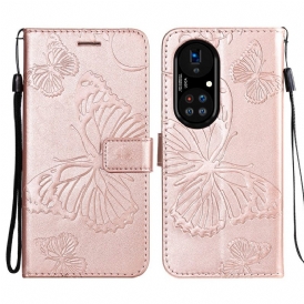 Custodia in pelle Huawei P50 Pro Farfalle Con Cinturino Gigante
