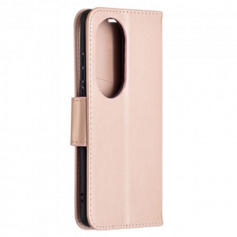 Custodia in pelle Huawei P50 Pro Folio Cover Farfalle E Lembo Obliquo