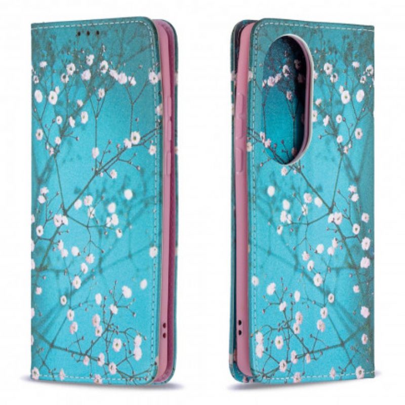 Folio Cover Huawei P50 Pro Custodia in pelle Rami Fioriti