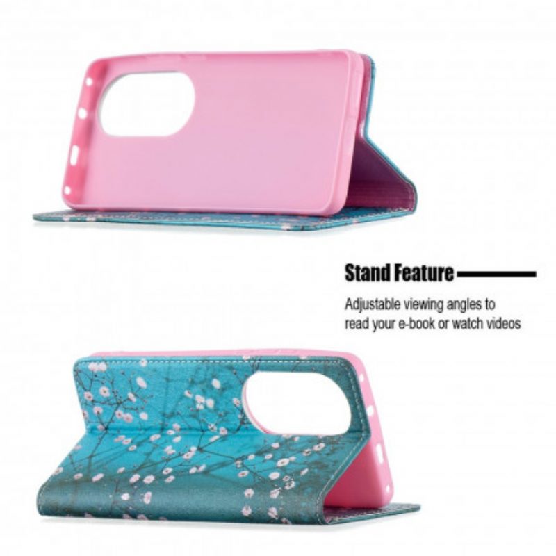 Folio Cover Huawei P50 Pro Custodia in pelle Rami Fioriti