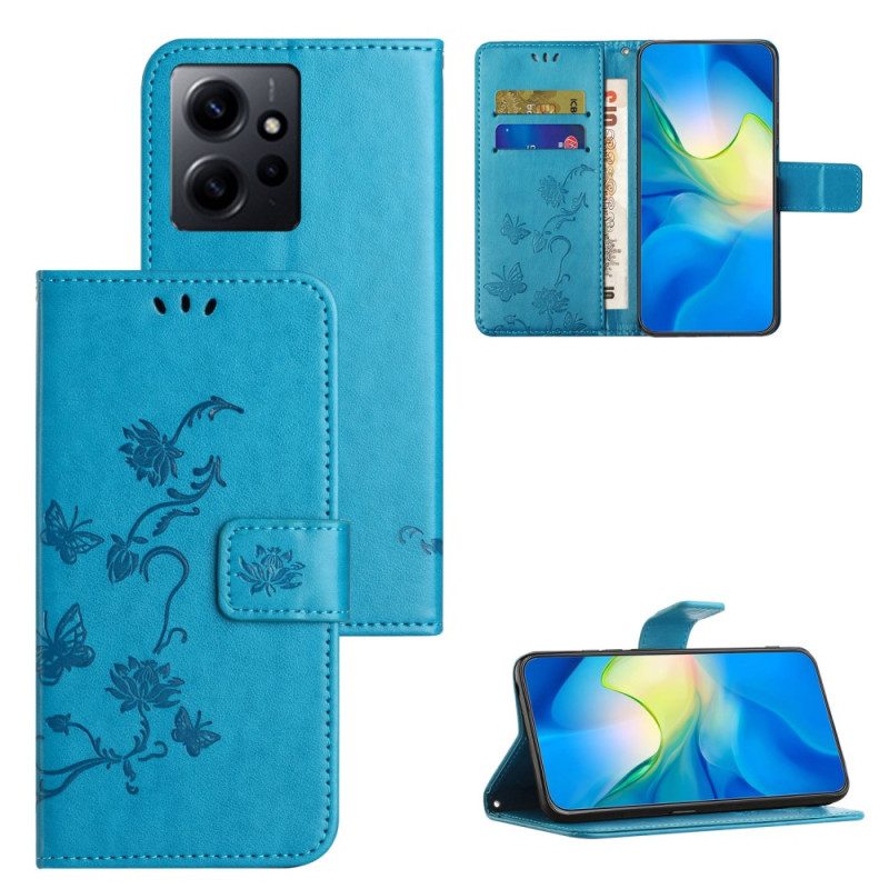 Custodia in pelle Xiaomi Redmi Note 12 4G Fiori E Farfalle Con Cinturino