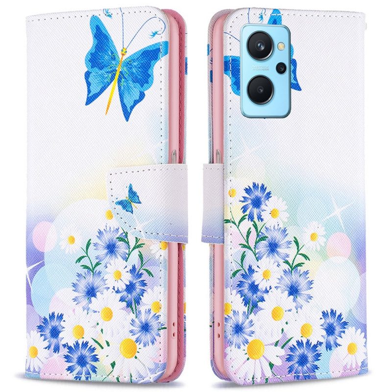 Custodia in pelle Realme 9i Farfalle E Fiori Pastelli