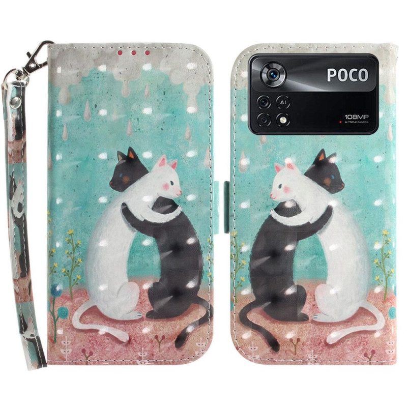 Custodia A Portafoglio Poco X4 Pro 5G Gatto Nero Gatto Bianco Con Cinturino