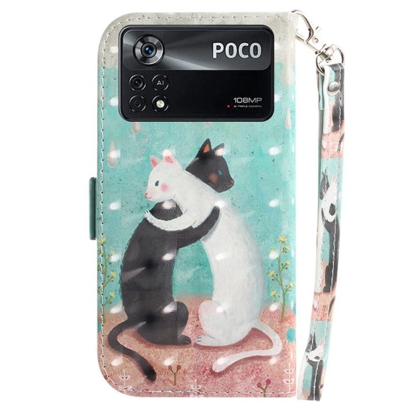 Custodia A Portafoglio Poco X4 Pro 5G Gatto Nero Gatto Bianco Con Cinturino