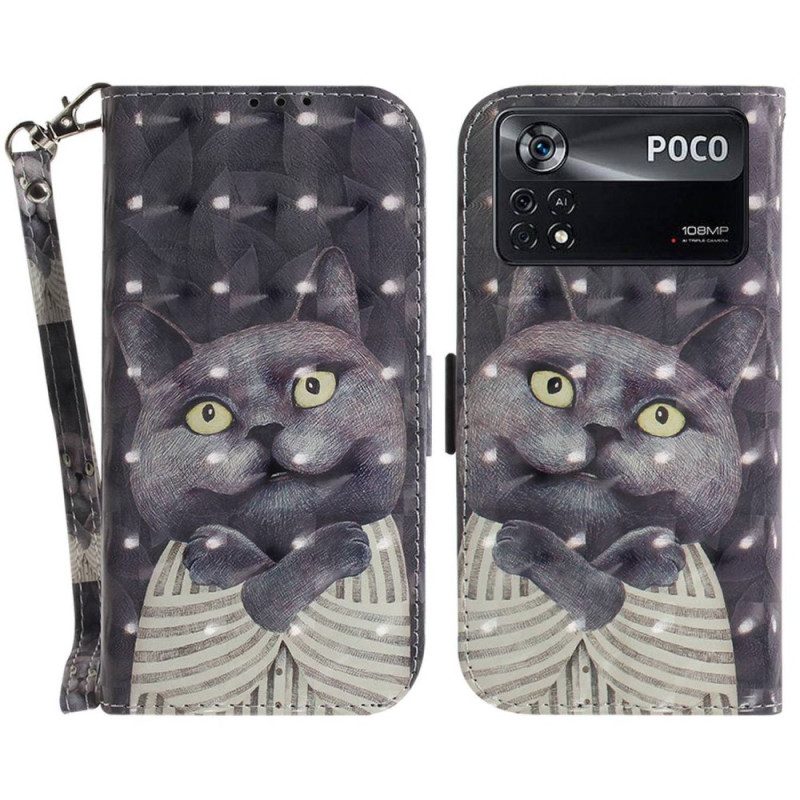 Custodia in pelle Poco X4 Pro 5G Gatto Grigio Con Cinturino