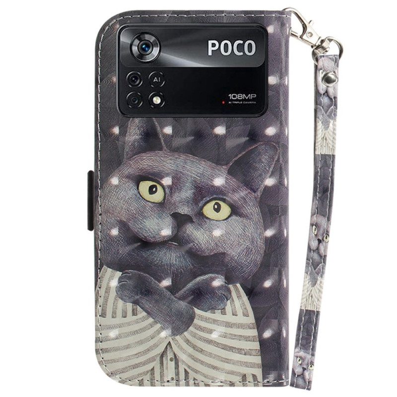 Custodia in pelle Poco X4 Pro 5G Gatto Grigio Con Cinturino