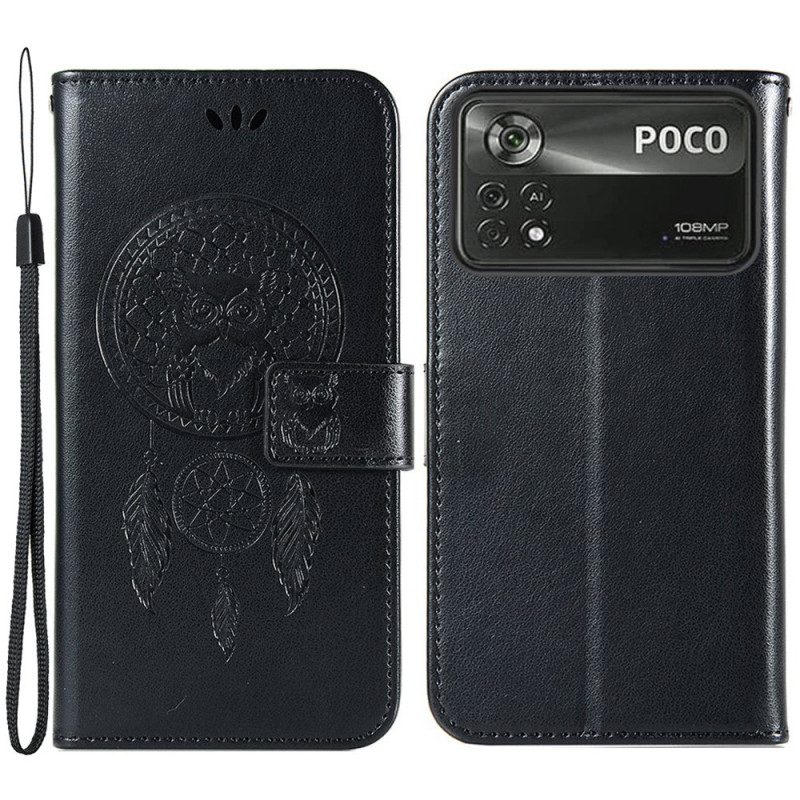 Custodia in pelle Poco X4 Pro 5G Gufo Acchiappasogni Con Cinturino