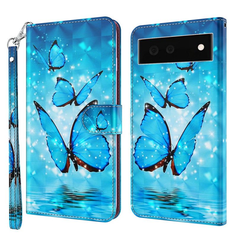 Custodia in pelle Google Pixel 6 Farfalle Blu Volanti