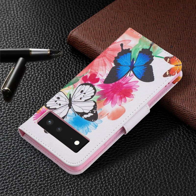 Custodia in pelle Google Pixel 6 Farfalle Dipinte