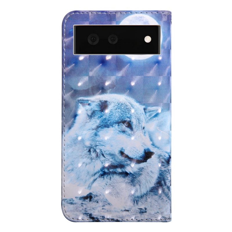 Custodia in pelle Google Pixel 6 Lupo Al Chiaro Di Luna