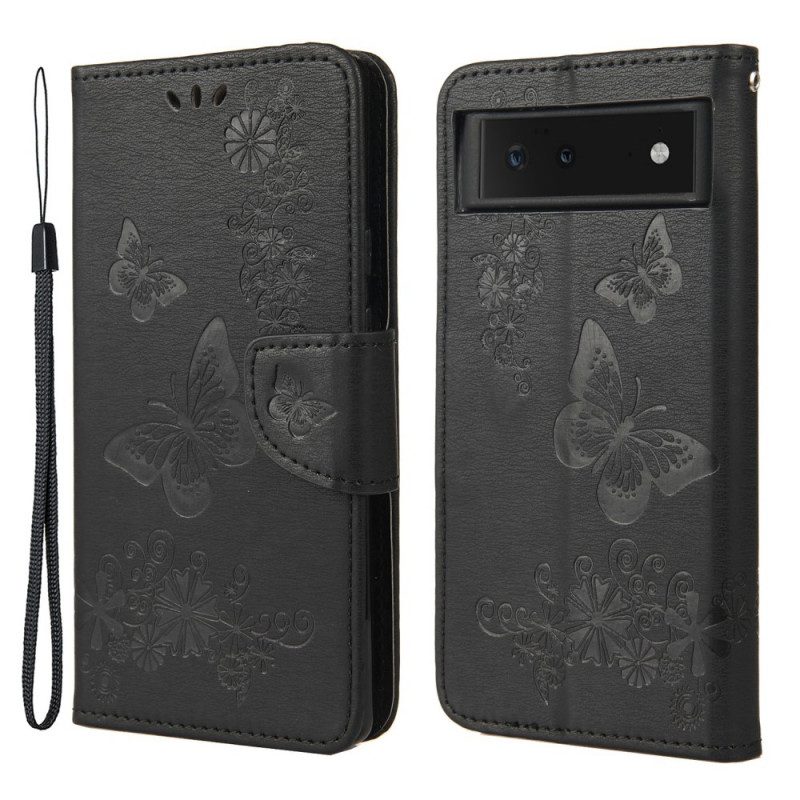 Custodia in pelle Google Pixel 6 Splendide Farfalle Cinturino