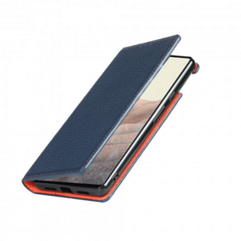 Folio Cover Google Pixel 6 Custodia in pelle Cinturino In Vera Pelle Di Litchi