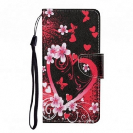 Custodia in pelle Oppo A15 Fiori E Cuori Con Cordino