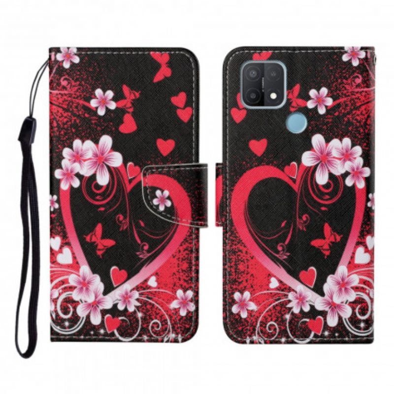 Custodia in pelle Oppo A15 Fiori E Cuori Con Cordino