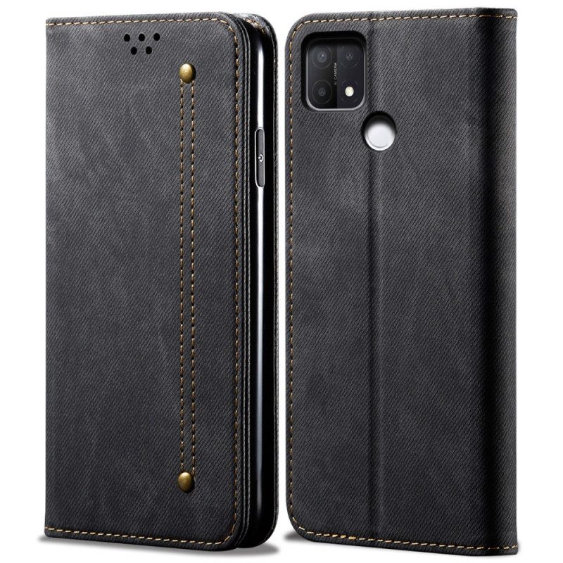 Folio Cover Oppo A15 Custodia in pelle Tessuto Denim