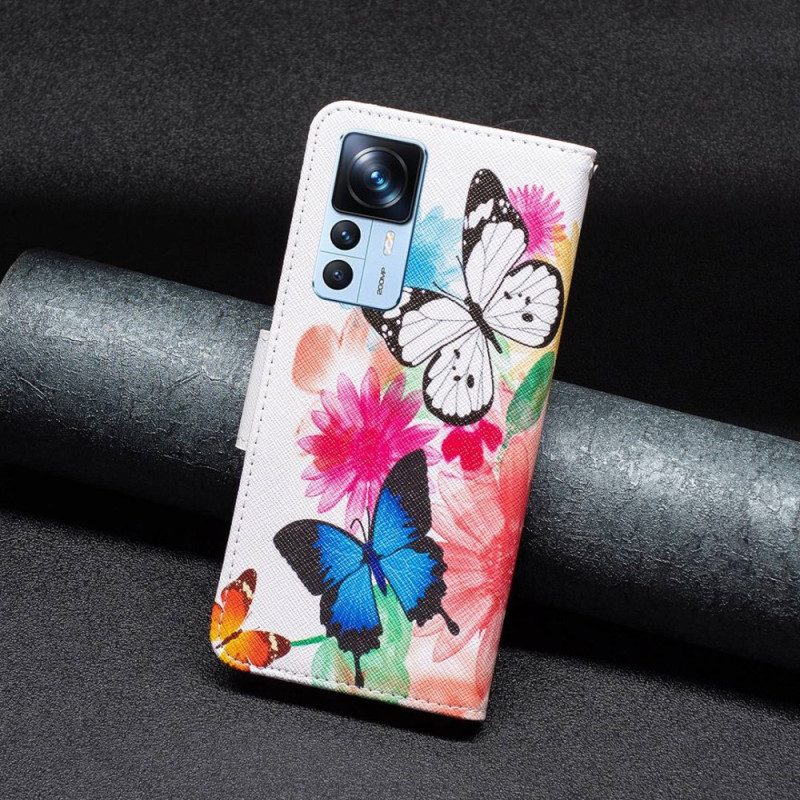 Custodia in pelle Xiaomi 12T / 12T Pro Farfalle E Fiori Dipinti