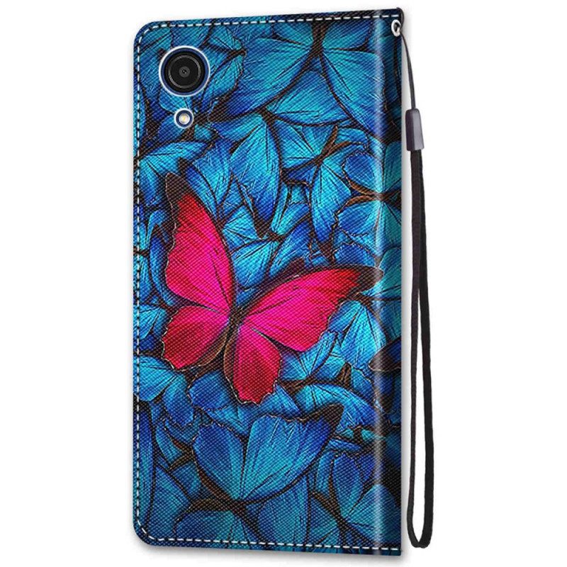 Custodia A Portafoglio Samsung Galaxy A03 Core Farfalla Rossa Sfondo Blu