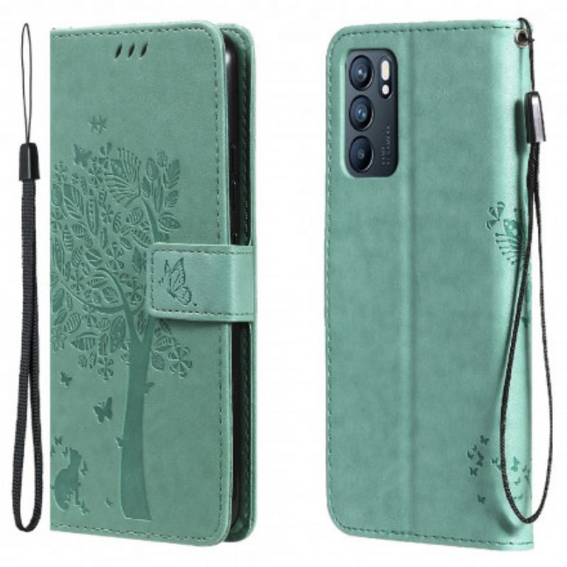 Custodia in pelle Oppo Reno 6 5G Albero E Gatto Strappy