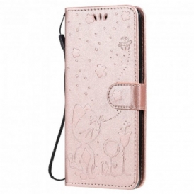 Custodia in pelle Oppo Reno 6 5G Gatto E Ape Con Cordino