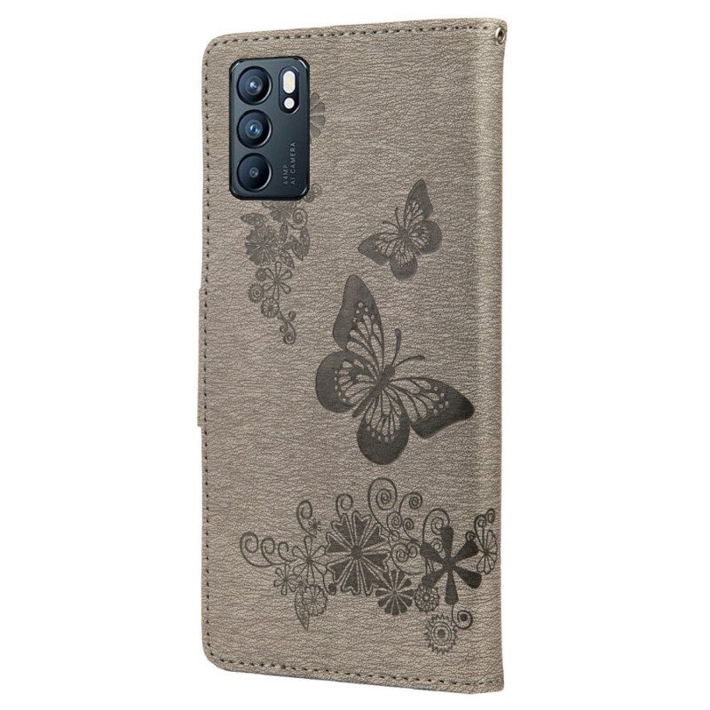 Custodia in pelle Oppo Reno 6 5G Splendide Farfalle Cinturino