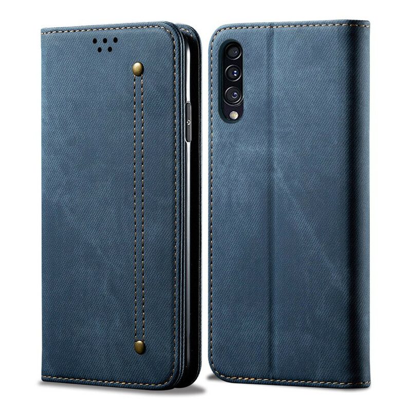 Folio Cover Samsung Galaxy A50 Custodia in pelle Tessuto Denim