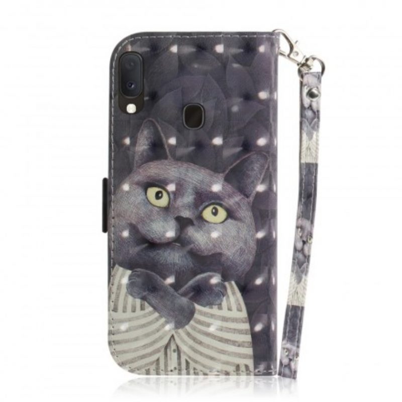 Custodia in pelle Samsung Galaxy A20e Gatto Grigio Con Cinturino