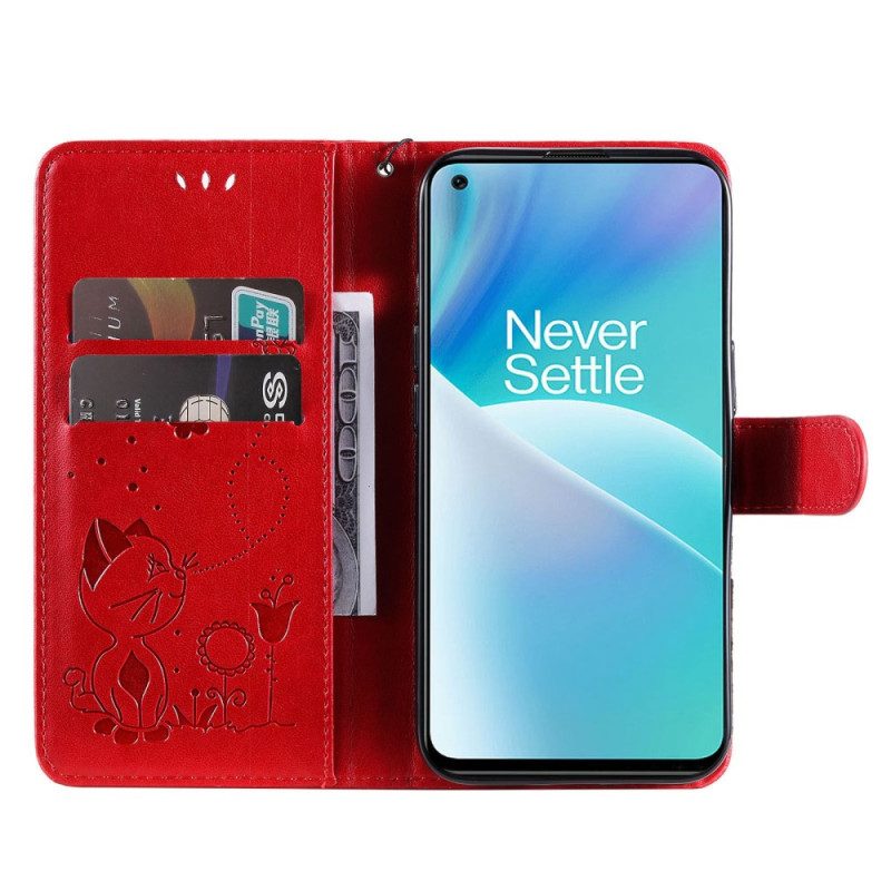 Custodia in pelle OnePlus Nord 2T 5G Gatto E Ape Con Portacarte Con Cordino