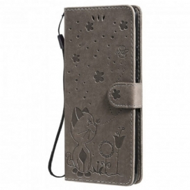 Custodia in pelle Realme C21 Gatto E Ape Con Cordino