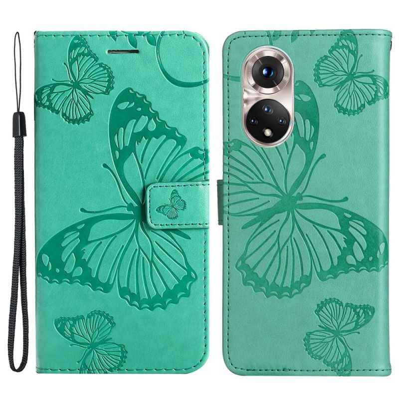 Custodia in pelle Honor 50 Farfalle Con Cinturino Gigante
