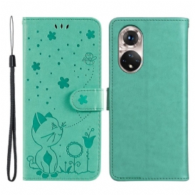 Custodia in pelle Honor 50 Gatto E Ape Con Cordino