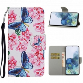 Custodia in pelle Samsung Galaxy S21 Ultra 5G Cordino Floreale Con Farfalle