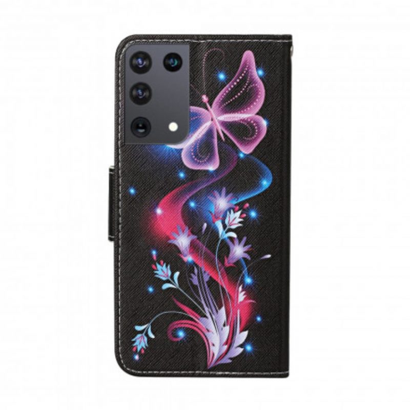 Custodia in pelle Samsung Galaxy S21 Ultra 5G Farfalle E Cordino