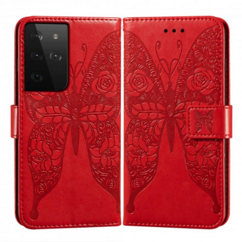 Custodia in pelle Samsung Galaxy S21 Ultra 5G Modello Di Fiore Di Farfalle