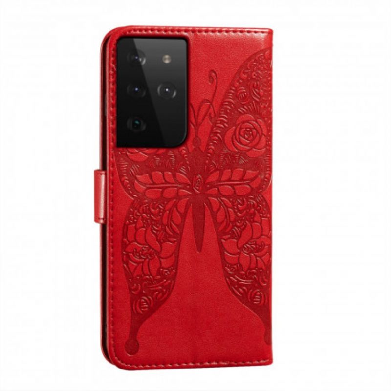 Custodia in pelle Samsung Galaxy S21 Ultra 5G Modello Di Fiore Di Farfalle