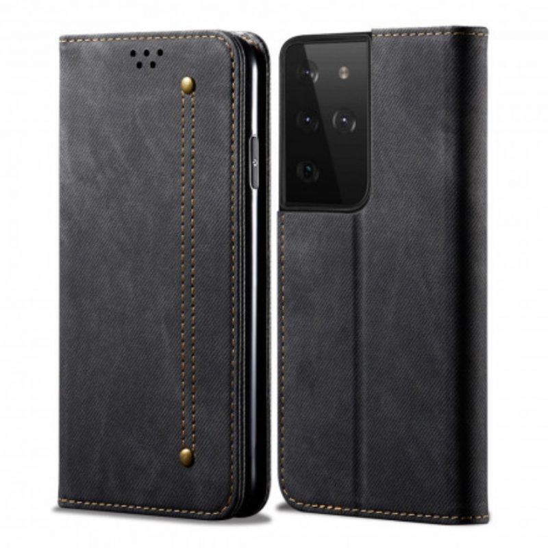 Folio Cover Samsung Galaxy S21 Ultra 5G Custodia in pelle Tessuto Denim