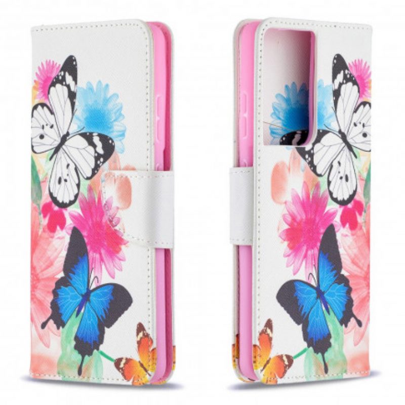 Folio Cover Samsung Galaxy S21 Ultra 5G Farfalle E Fiori Dipinti