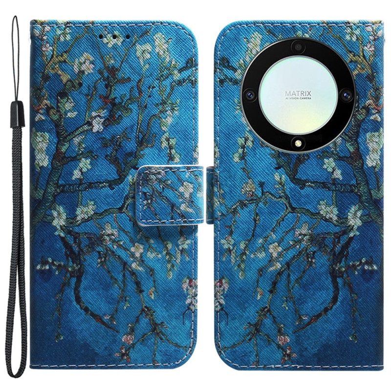 Custodia in pelle Honor Magic 5 Lite Cinturino Rami Di Fiori