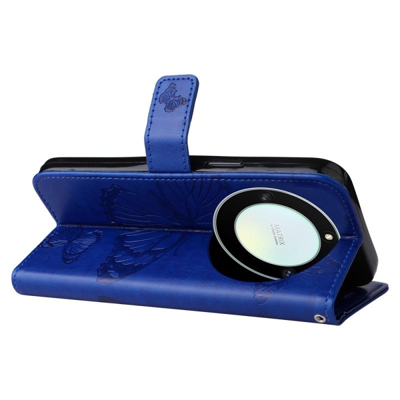 Custodia in pelle Honor Magic 5 Lite Farfalle Con Cinturino Gigante