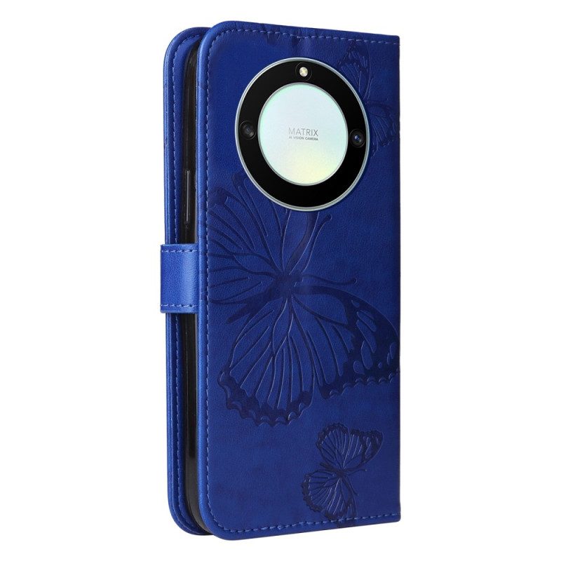 Custodia in pelle Honor Magic 5 Lite Farfalle Con Cinturino Gigante