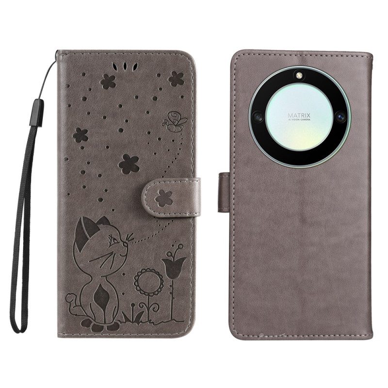 Custodia in pelle Honor Magic 5 Lite Gatto E Ape Con Cordino