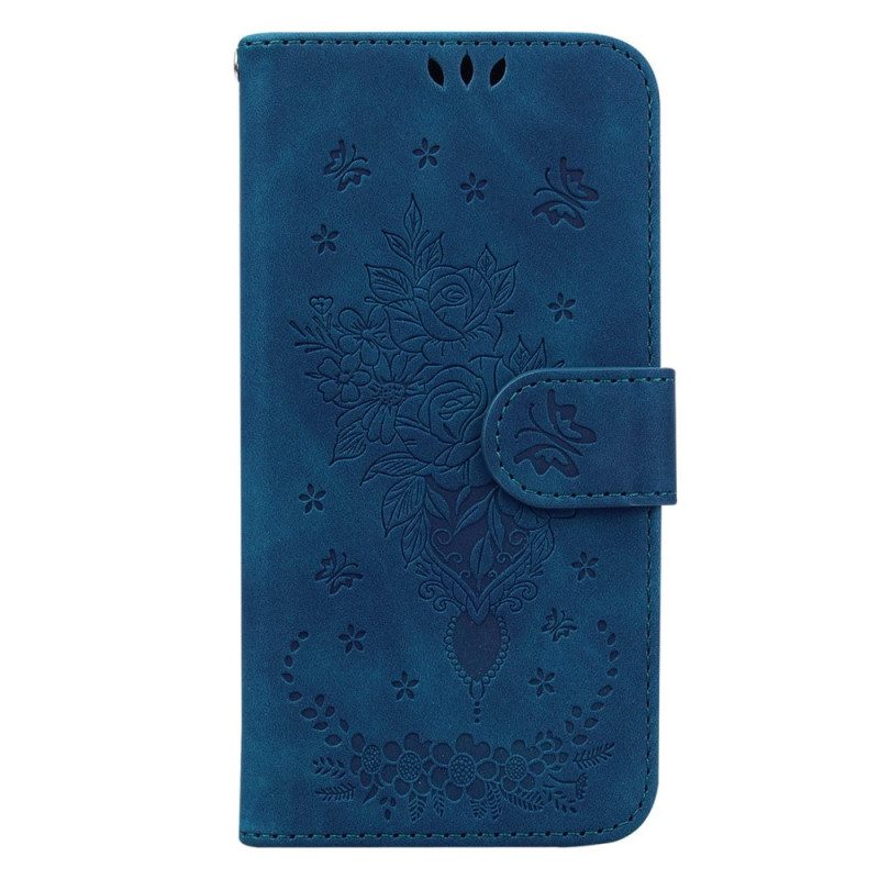 Custodia in pelle Honor Magic 5 Lite Strappy Rose E Farfalle