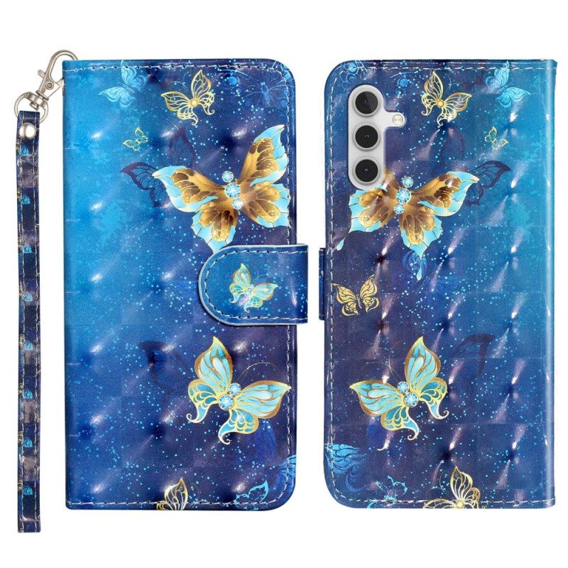 Custodia in pelle Samsung Galaxy A14 / A14 5G Farfalle Dorate Con Cinturino