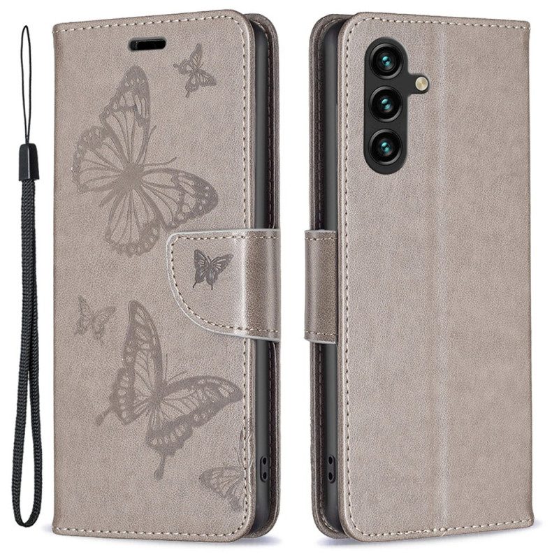 Custodia in pelle Samsung Galaxy A14 / A14 5G Farfalle Stampate Strappy