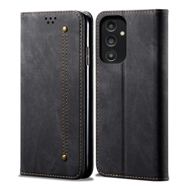 Folio Cover Samsung Galaxy A14 / A14 5G Custodia in pelle Tessuto Denim