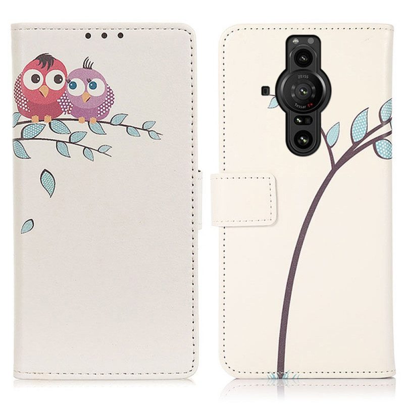 Custodia in pelle Sony Xperia Pro-I Paio Di Gufi Sull'albero