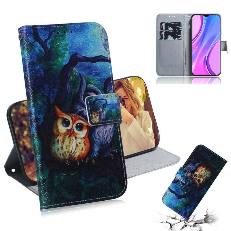Custodia in pelle Xiaomi Redmi 9 Dipinto Di Gufi