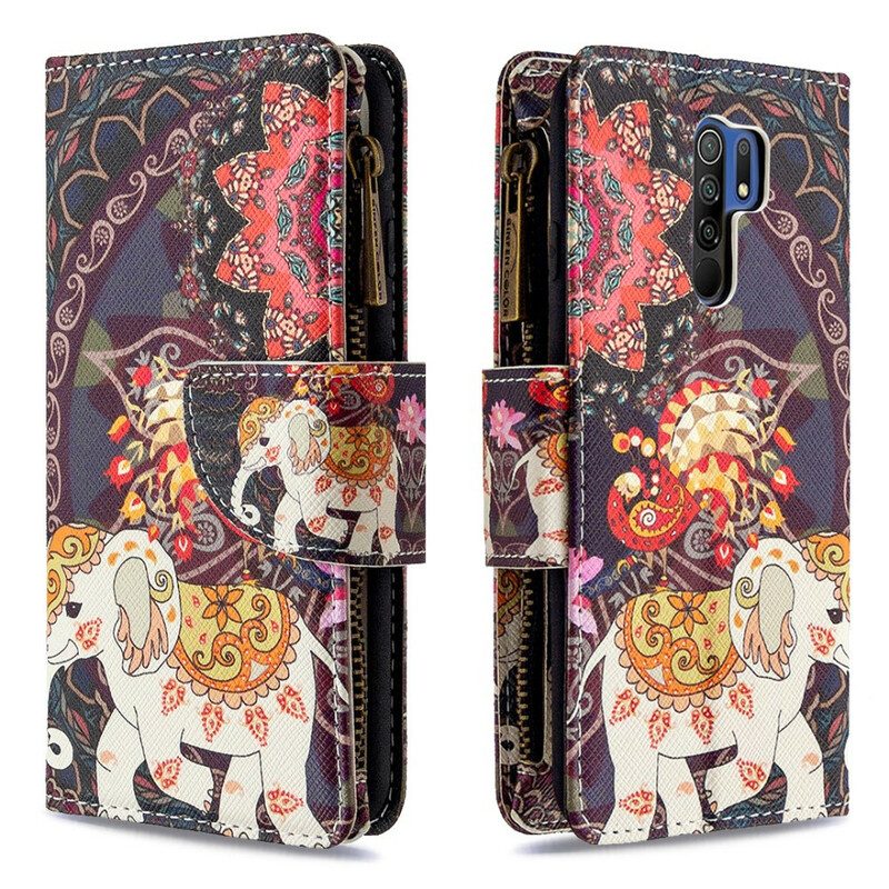 Custodia in pelle Xiaomi Redmi 9 Tasca Con Zip A Forma Di Elefante