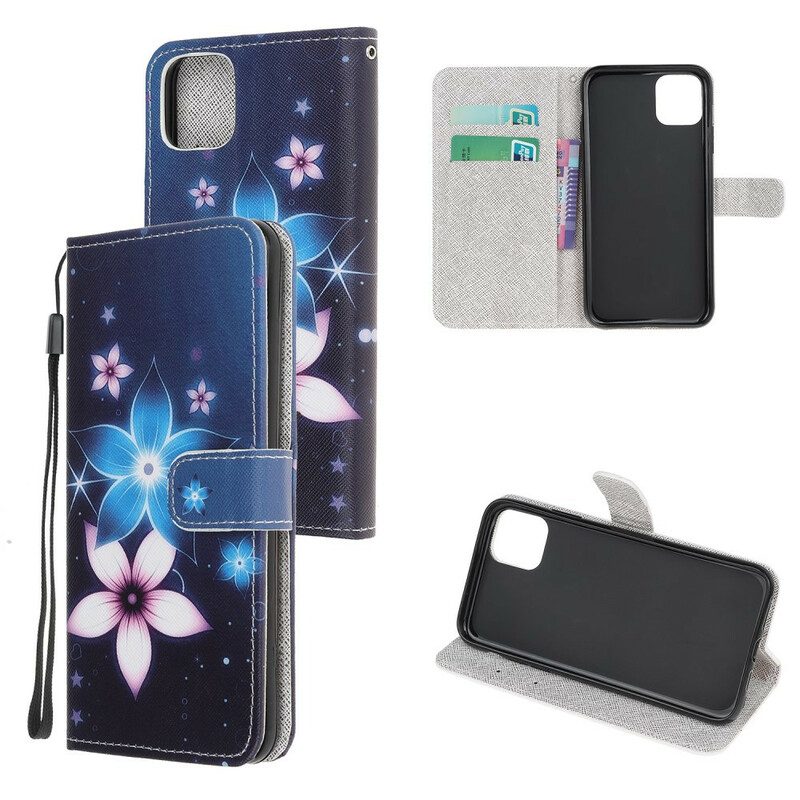 Custodia in pelle iPhone 12 Mini Cinturino Lunare Fiori