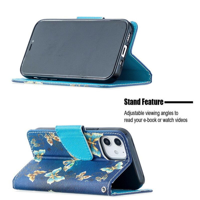 Custodia in pelle iPhone 12 Mini Farfalle Blu E Fiori Con Cinturino